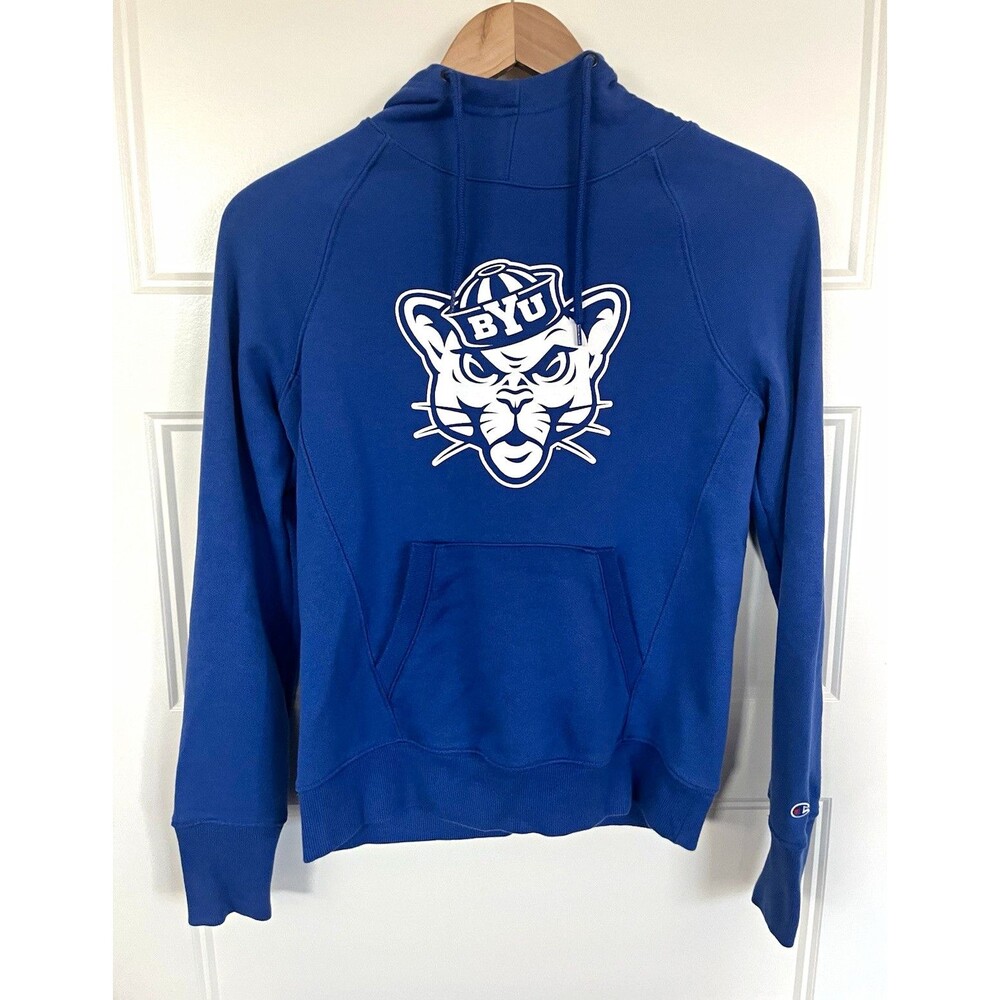 Champion BYU Cougars Hoodie XS Royal Blue Sailor Cougar Mascot Graphic Pullover